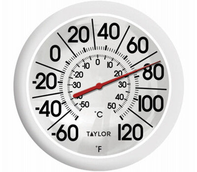 Taylor Dial Thermometer 8-1/2 in Display -60 to 120 deg F -50 to 50 deg C Plastic Casing White Casing