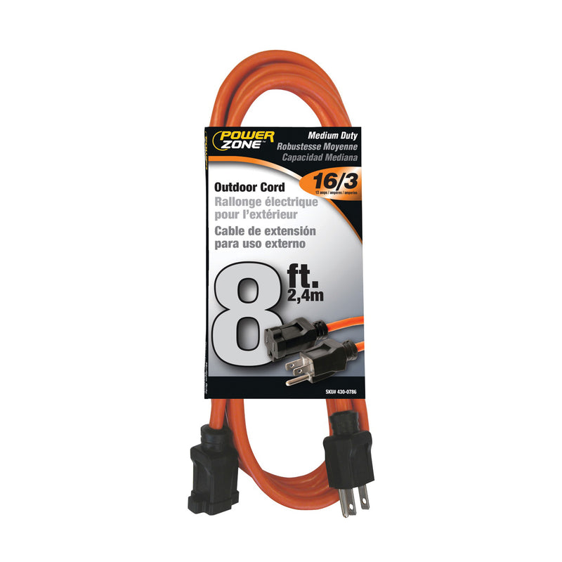 PowerZone Extension Cord 16 AWG Cable 5-15P Grounded Plug 5-15R Grounded Receptacle 8 ft L 13 A 125 V