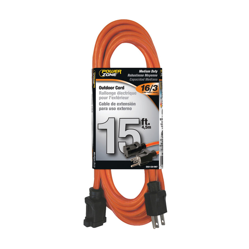 PowerZone Extension Cord 16 AWG Cable 5-15P Grounded Plug 5-15R Grounded Receptacle 15 ft L 13 A 125 V
