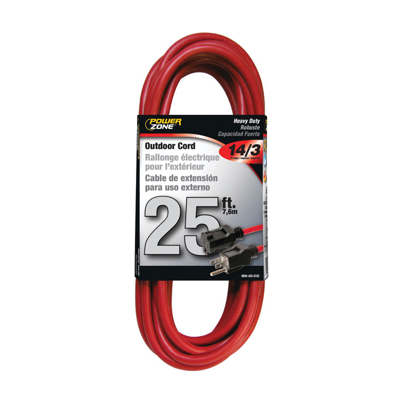 PowerZone Extension Cord 14 AWG Cable 25 ft L 13 A 125 V Red