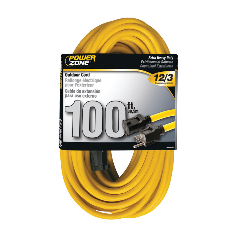 PowerZone Extension Cord 12 AWG Cable 100 ft L 13 A 125 V Yellow