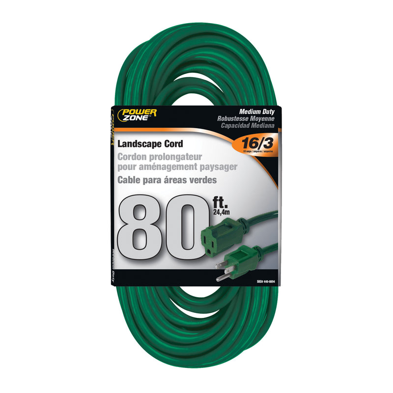 PowerZone Extension Cord 16 AWG Cable 80 ft L 10 A 125 V Green