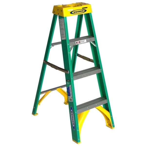 WERNER Step Ladder 8 ft Max Reach H 3 Step 225 lb Type II Duty Rating 3 in D Step Fiberglass Yellow