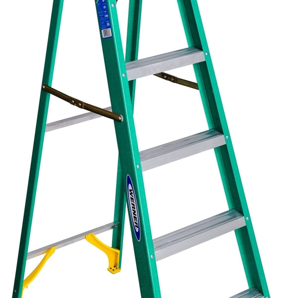 WERNER Step Ladder 10 ft Max Reach H 5 Step 225 lb Type II Duty Rating 3 in D Step Fiberglass Green