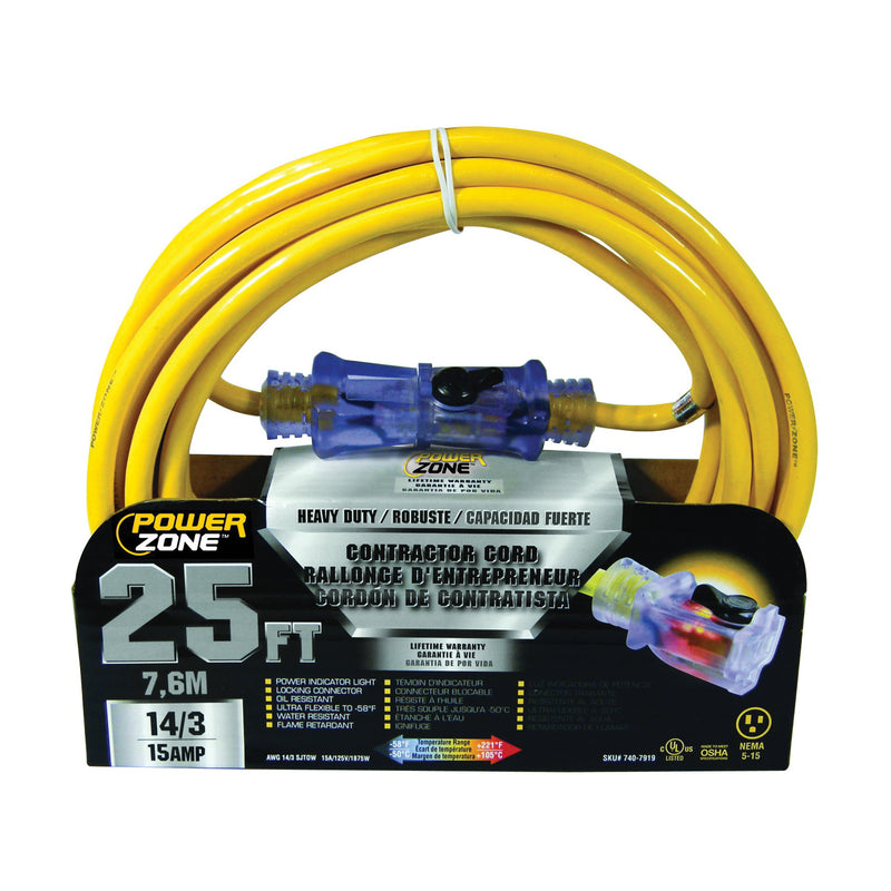 PowerZone Extension Cord 14 AWG Cable 25 ft L 15 A 125 V Yellow