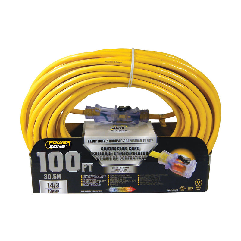 PowerZone Contractor Cord 14 AWG Cable 100 ft L 13 A 125 V Yellow