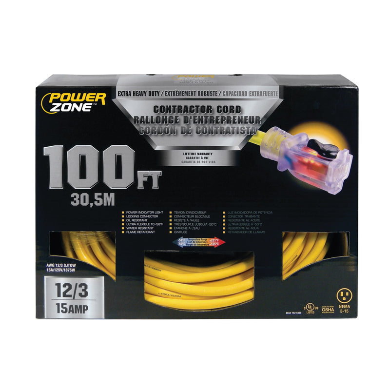 PowerZone Contractor Cord 12 AWG Cable 100 ft L 15 A 125 V Yellow