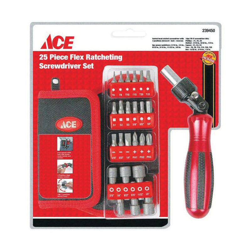 ACE Screwdriver Set 25 -Piece Red Specifications: Round Shank Plastic Handle