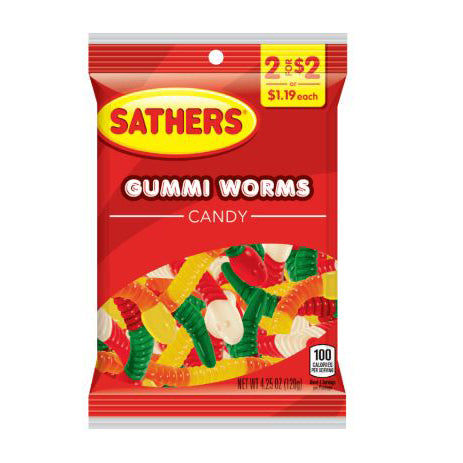 Sathers Gummy Worms Candy Gummy Cherry/Orange/Apple/Lemon/Pineapple Flavor 1.25 oz Bag