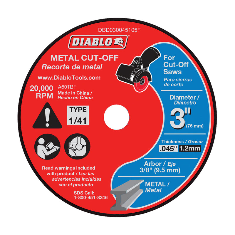 Diablo Cut-Off Disc 3 in Dia 0.045 in Thick 3/8 in Arbor Aluminum Oxide Abrasive