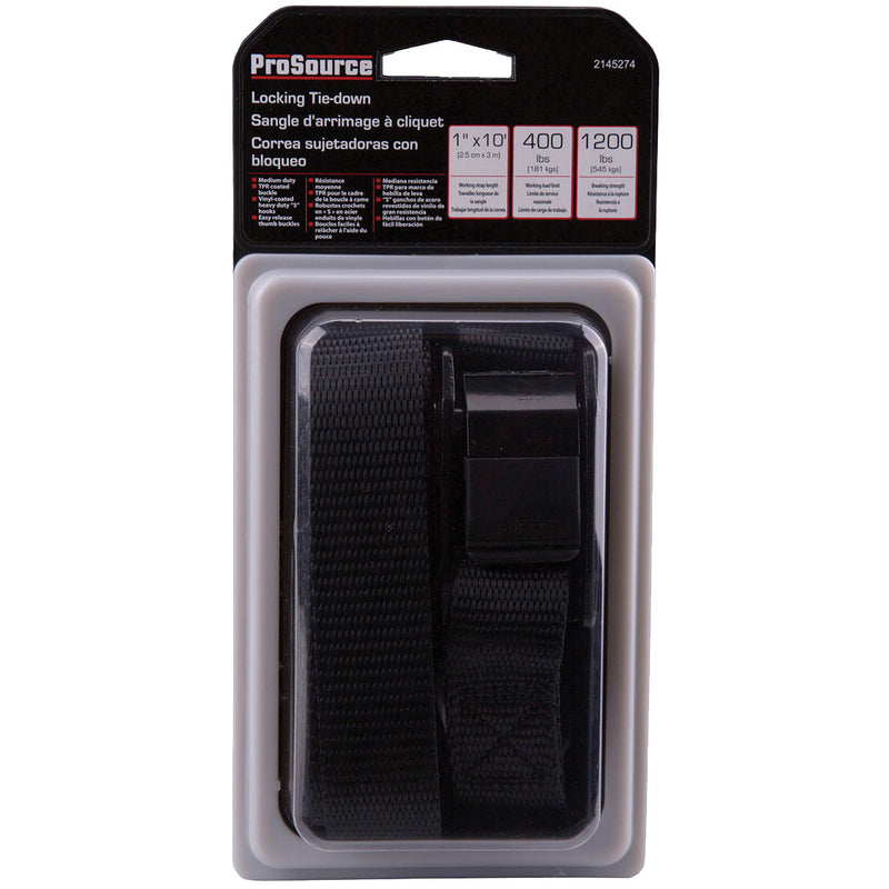 ProSource Tie-Down 1 in W 10 ft L Polyester Webbing Metal Buckle Black 400 lb S-Hook End Fitting