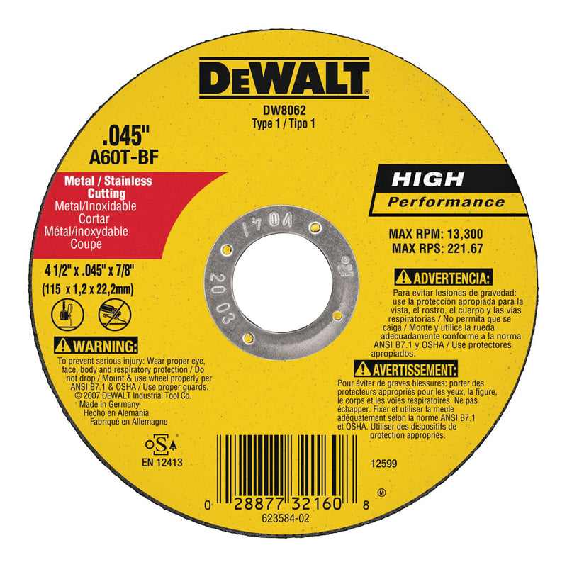 DeWALT Cutting Wheel 4-1/2 in Dia 0.045 in Thick 7/8 in Arbor Very Fine Aluminum Oxide Abrasive