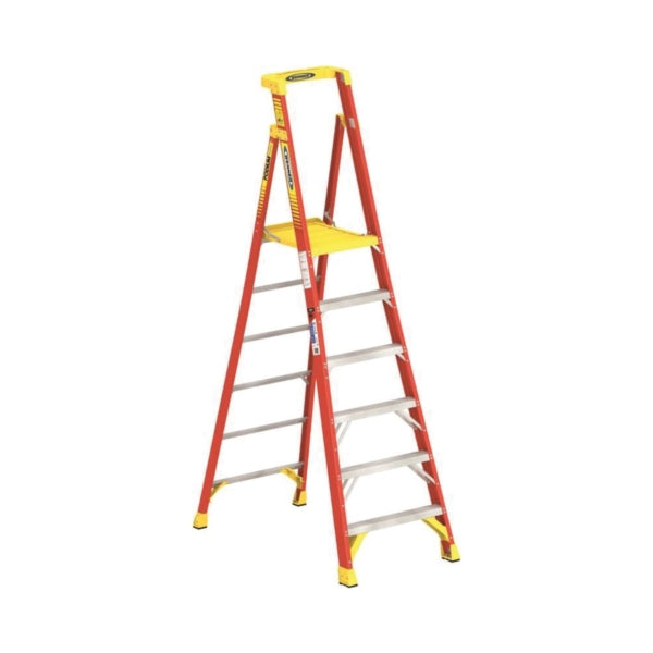 WERNER Podium Ladder 6 ft Max Standing H 300 lb Type IA Duty Rating 6-Rung 3 in D Step Fiberglass