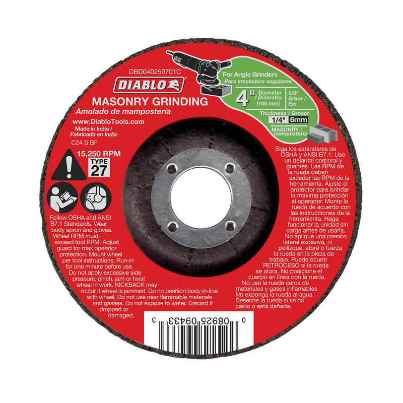 Diablo Grinding Wheel 4 in Dia 1/4 in Thick 5/8 in Arbor Aluminum Oxide Abrasive
