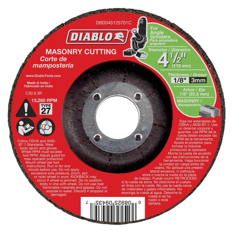 Diablo Cut-Off Wheel 4-1/2 in Dia 1/8 in Thick 7/8 in Arbor Aluminum Oxide Abrasive
