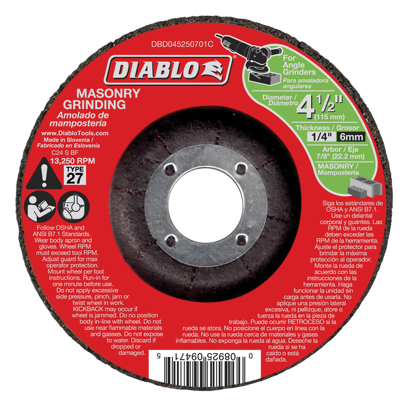 Diablo Grinding Wheel 4-1/2 in Dia 1/4 in Thick 7/8 in Arbor Aluminum Oxide Abrasive