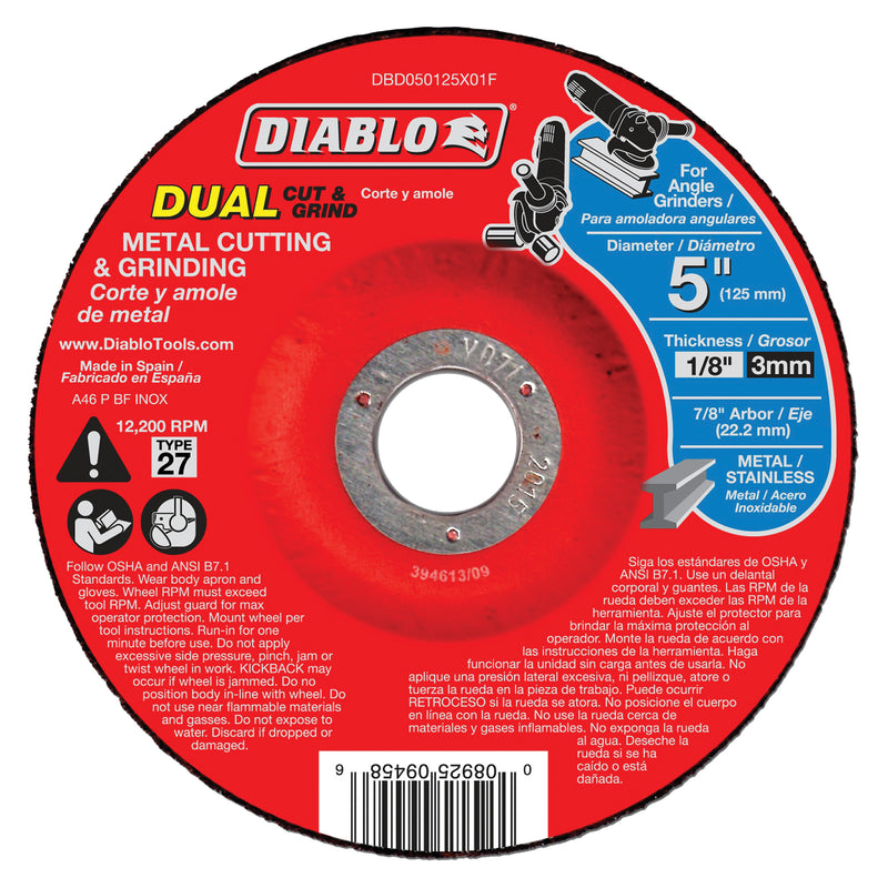 Diablo Cut and Grind Wheel 5 in Dia 1/8 in Thick 7/8 in Arbor Aluminum Oxide Abrasive