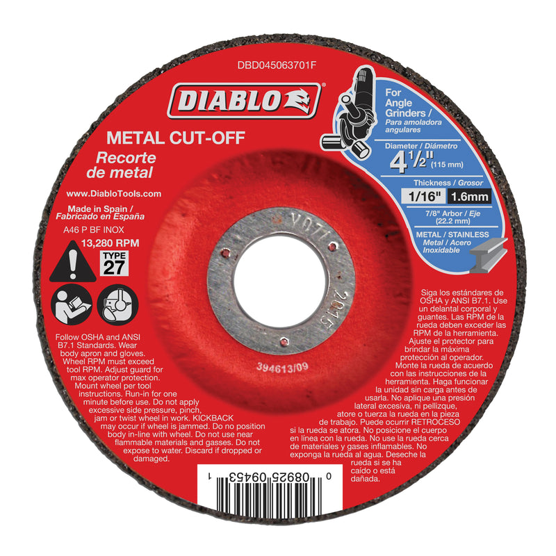 Diablo Cut-Off Wheel 4-1/2 in Dia 1/16 in Thick 7/8 in Arbor Aluminum Oxide Abrasive